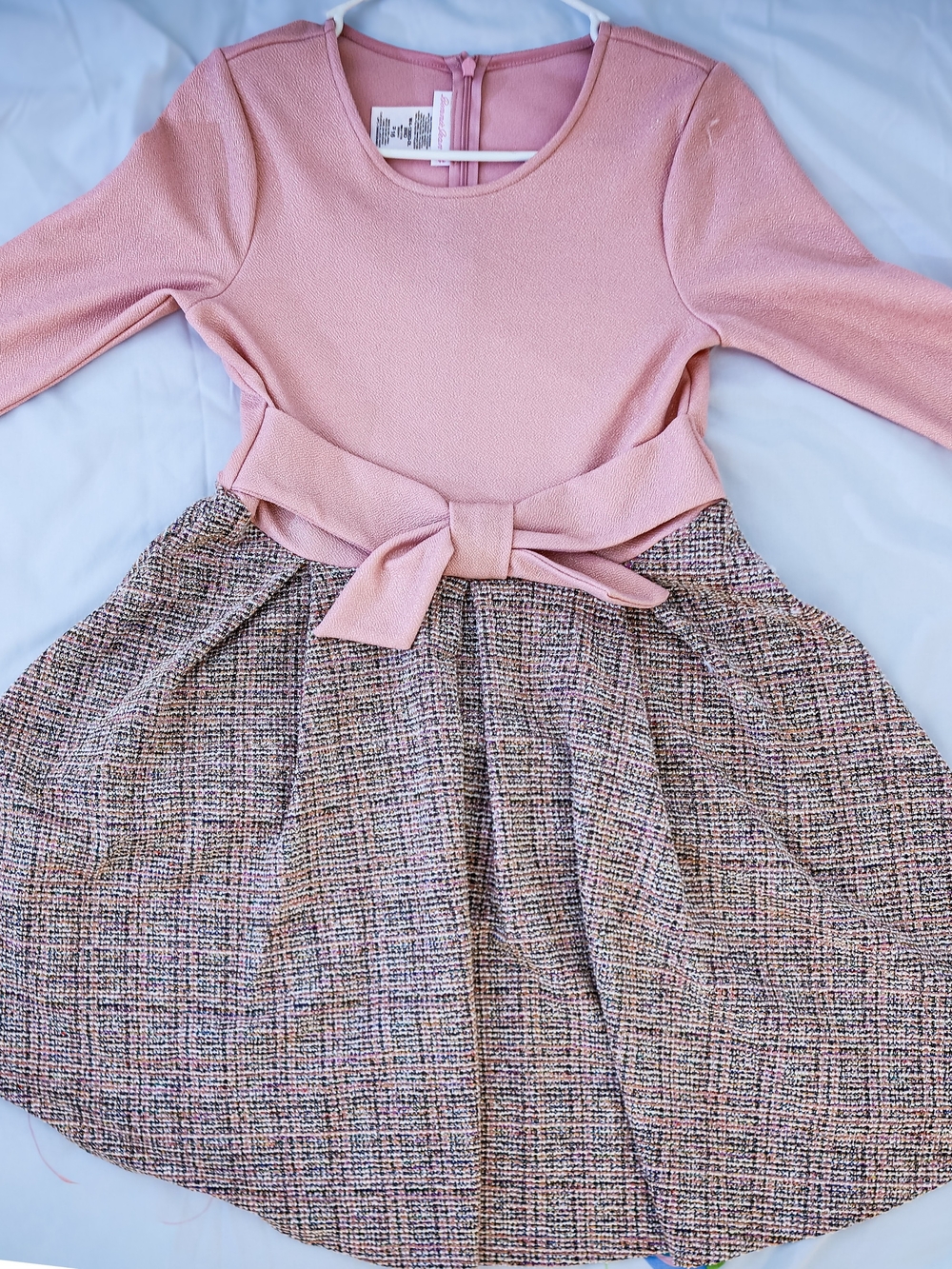 Girls Pink Bow-Accent Tweed Skirt Dress